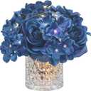 Rose Silk Flower Arrangement Artificial Vivid Rose in Glass Vase with LED Light Elegant Centerpiece for Home Wedding Bathroom Table Shelf Decoration (Navy Blue)