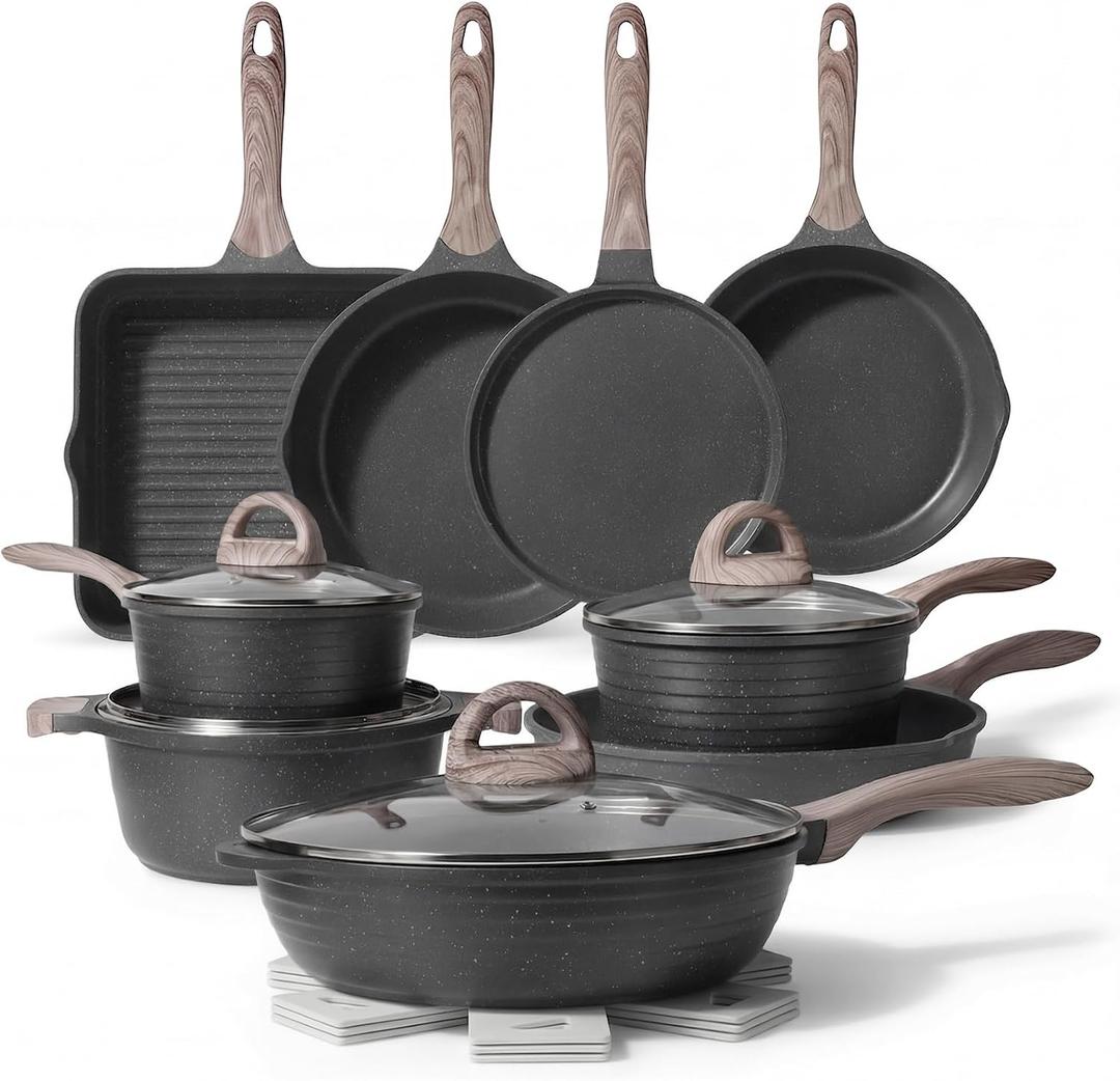JEETEE Pots and Pans Set Non Stick 23pcs, Healthy Kitchen Cookware Sets, Induction Cooking Set W/Gray Frying Pans, Saucepans, Saut & Griddle & Crepe Pan (PFOA, PFAS Free), 23 pcs Grey Aluminum