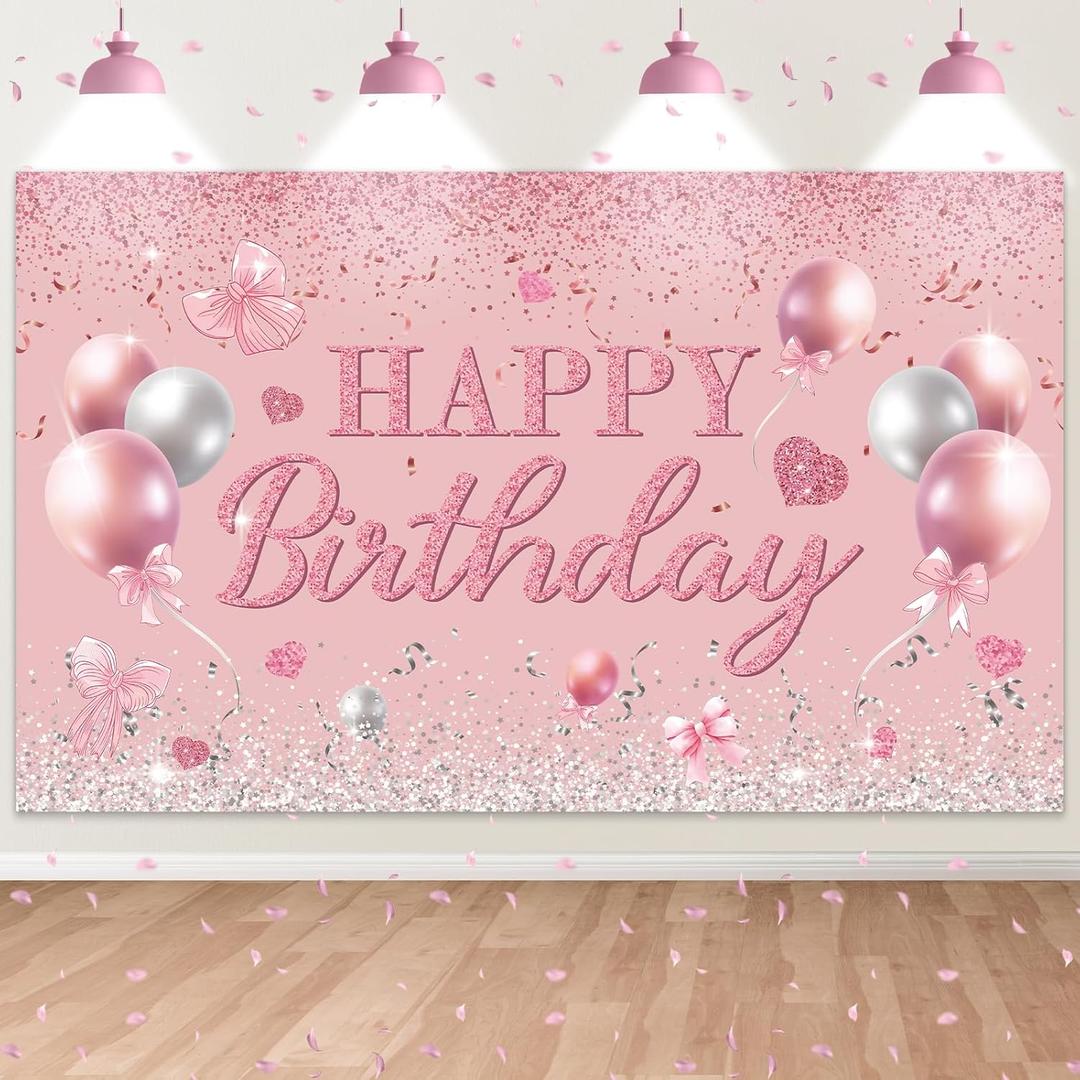 Rose Gold Bow Birthday Backdrop, Bow Happy Birthday Banner Decorations for Girls Women Party Decor