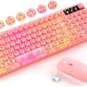 Pink Light Up Keyboard and Mouse Wireless,Cute 2.4Ghz Cordless Rechargeable Transparent Clear Backlit Keyboard,15 Backlight Effects,Volume Knob,RGB Mouse with 3 DPI for Mac Computer PC Laptop Desktop