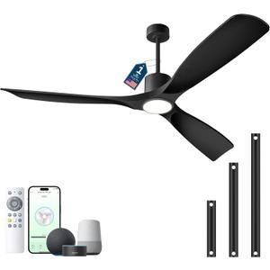 60" Smart Ceiling Fan with Lights,Outdoor Ceiling Fan 3 Blade,Compatible with Alexa/Gg/App/Remote,3-Color Light 6-Speed Quiet Reversible DC Motor for Patio,Black