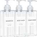Shampoo and Conditioner Dispenser, Refillable Plastic Shampoo Pump Bottles with Waterproof Labels, Empty Body Wash Dispenser Set for Bathroom, Shower Soap Bottles (Clear, Set of 3, 16.9oz)