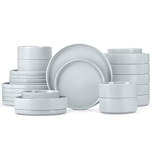 Herogo Stoneware Dinnerware Set with Salad Bowls, 24 Piece Kitchen Dinner Dish Set for 6, Plates and Cereal Pasta Bowls, Chip & Scratch Resistant Dishware, Speckled Light Gray