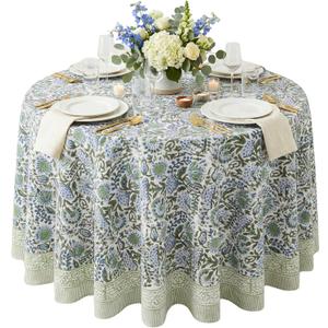 ATOSII Clover Blue 100% Cotton Round Boho Fall Tablecloth, Handblock Floral Table Cloth Linen for Kitchen Dining I Parties Wedding Outdoors Christmas Thanksgiving I 60" Inches Round I 4 Seater
