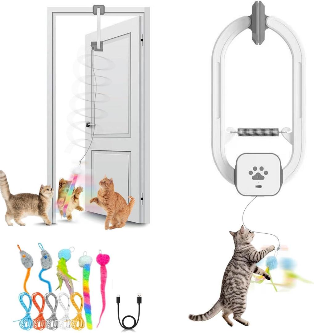 Automatic Rechargeable Cat Teaser, Door Mount Hanging Interactive Cat Toy, 360 Spinning & Irregular Jumping Motion Modes, Smart Electric Cat Exercise Toy for Indoor Cat Self Play, Grey