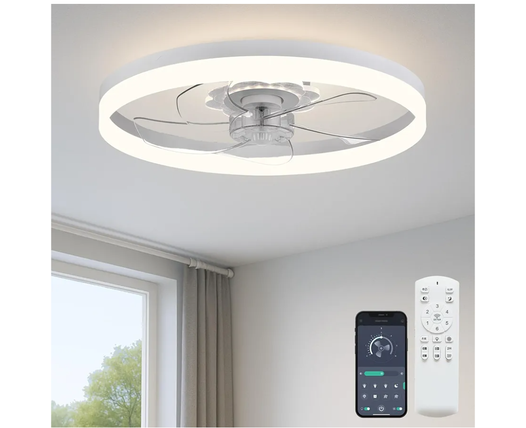 20‘’ Ceiling Fan with Light, Upgraded Low Profile Fan, Flush Mount Ceiling Fan, 6 Speeds, Dimmable LED, App & Remote Control, Quiet DC Motor, for Bedroom, Living Room, F115 White