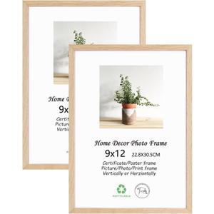 LYYYXGYP 9x12 Wood Picture Frame 2 Pack Wooden Photo Frame Natural Solid Oak Wood Beige Gallery Poster Frames with Plexiglass for Wall and Tabletop Display