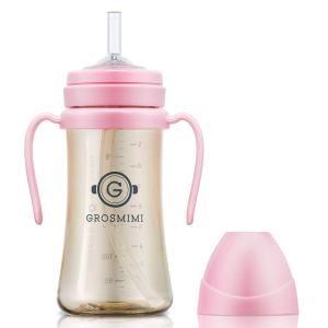 GROSMIMI Spill Proof no Spill Magic Sippy Cup with Straw with Handle for Baby and Toddlers, Customizable, PPSU, BPA Free 10 Oz (Pink)