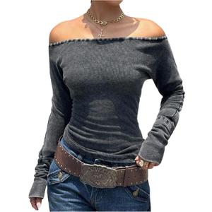 MakeMeChic Women's Off The Shoulder T Shirts Long Sleeve Fitted Y2k Going Out Tops Streetwear, Large 