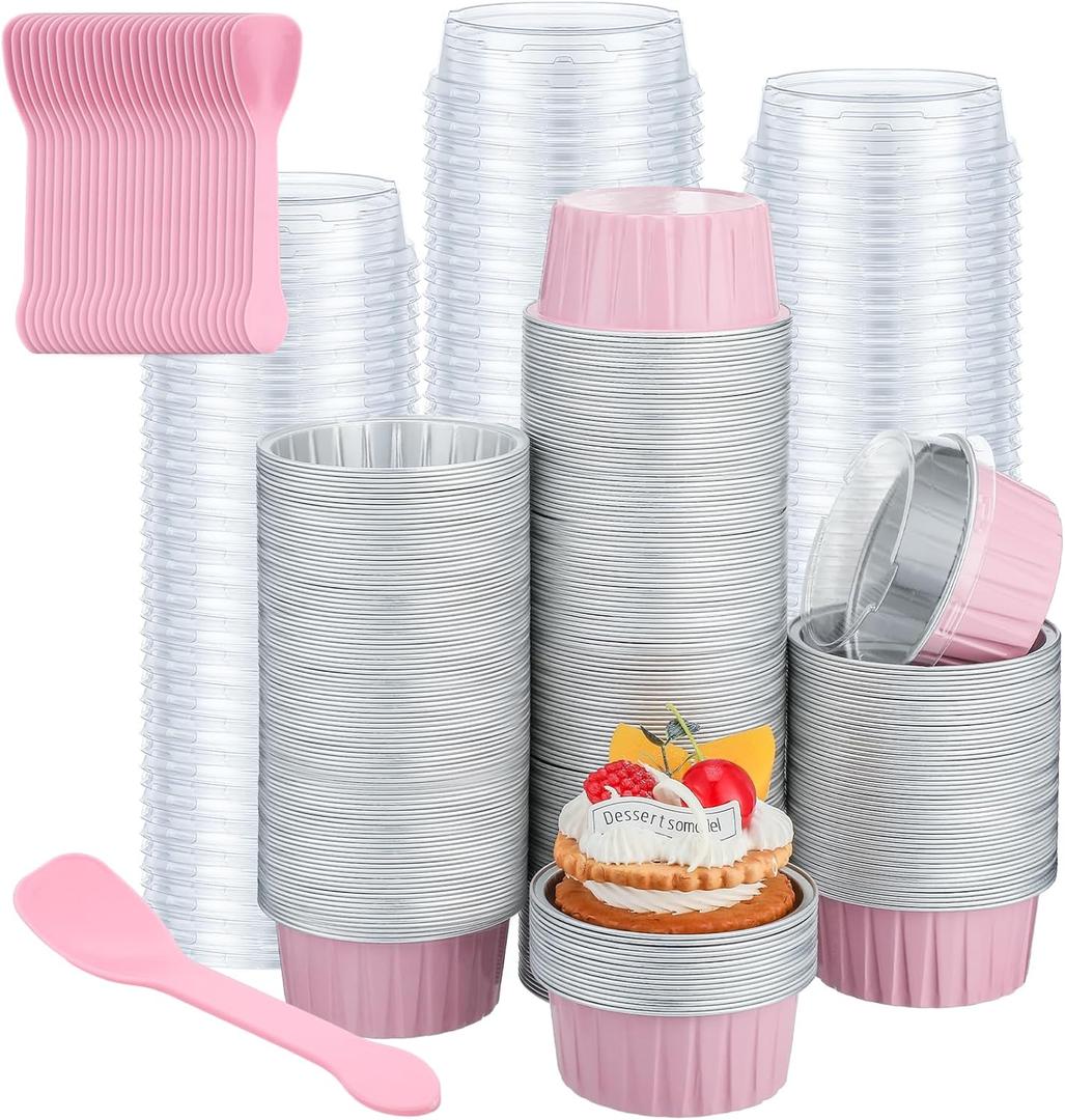 Hushee 600 Pcs Aluminum Foil Baking Cups with Lids and Spoons 5oz Disposable Ramekins Dessert Muffin Creme Brulee Cupcake Liners Containers for Wedding Birthday Christmas Party(Round,Pink)