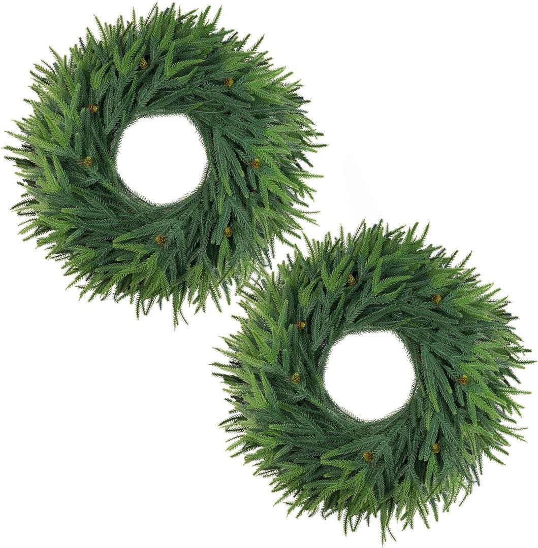 24inch Christmas Wreath 2 Pack, Norfolk Pine Wreath for Front Door, 24 Inch Xmas Village Wreath Holiday Decor Christmas Decorations for Home Wall Window Indoor Outdoor Outside Winter