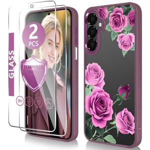 for Samsung Galaxy A16 5G Case6.7 inch with Tempered Glass Screen Protecto-Slim TPU & Hard PC Crystal Clear Cover, Elegant Cute Floral Pattern Design for Girls Women -Rose/Purple