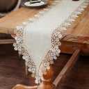 ARTABLE Lace Table Runners Stone Color Natural Linen Tones Macrame Doilies Dresser Scarf for Kitchen Home Garden Decor (Stone, 14 x 84'')