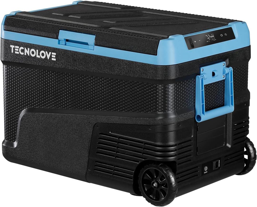 45L Car Refrigerator Freezer, -4~68 48QT Single Zone Portable Compressor Cooler with Reversible Door, Battery Slot, All-Terrain Wheels, 100240V AC / 12V / 24V DC Powered, LED Light  Ice Blue