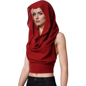 Womens Cropped Top Hooded Boho Tank Tops Halter Open Back Cross Wrap Hooded Vest (Red)