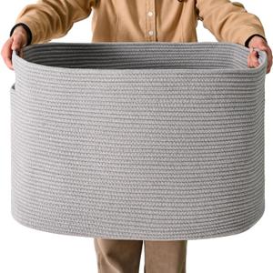 Large Grey Storage Basket, Blanket Baskets for Living Room, Large Toy Basket for Storage, Woven Cotton Rope Baskets for Blankets, Clothes, Shoes, Books, Grey, 25x16x16 (105L)
