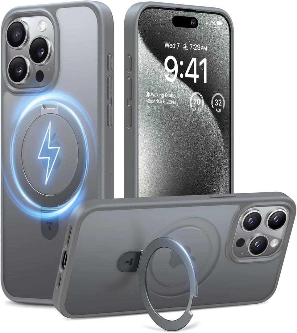 TORRAS Magnetic Ostand for iPhone 15 Pro Max Case, [Military Grade Drop Tested][Compatible with MagSafe][Build in Kickstand] Translucent Hard Back Anti-Fingerprint 6.7" 2023, Natural Titanium Grey