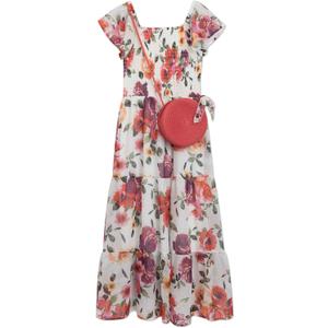 Speechless Girls Floral Flutter Sleeve Chiffon Tiered Maxi Dress with Purse, Size 8