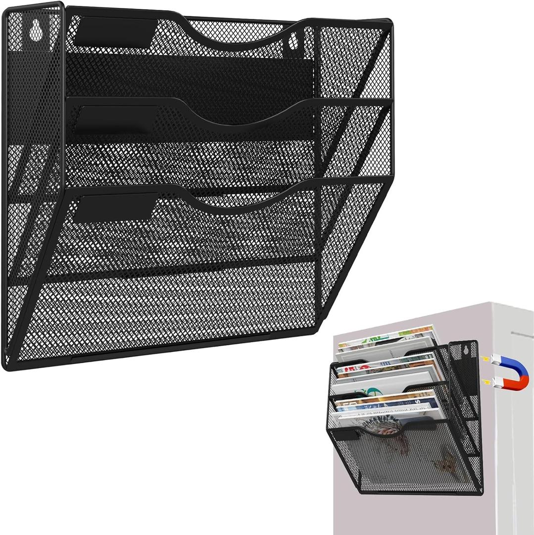 3-Tier Magnetic File Holder, No Drilling Installation File Cabinet Organizer, Black Magnetic File Organizer, Magazine Rack, Magnetic Paper Holder for Refrigerator, File Cabinets, Whiteboard, Black