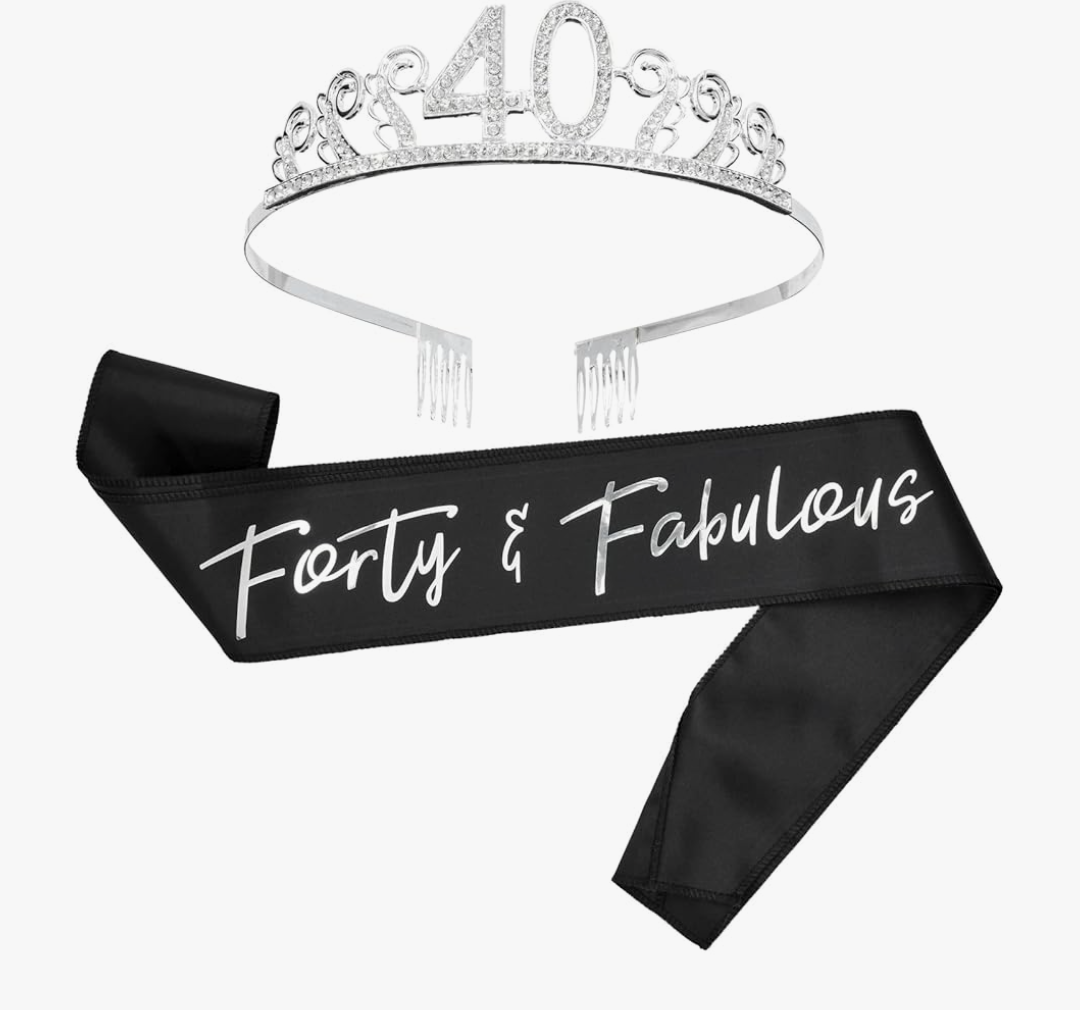 BLUE PANDA 40th Birthday Sash and Tiara for Women, Forty and Fabulous Party Decorations (Black Satin 40th Birthday Sash For Women)