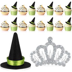 16 Pcs Witch Theme Party Decoration Witch Hat and Crown Cake Topper Pink and Green Party Cupcake Toppers for Halloween Movie Theme Princess Birthday Decoration Supplies