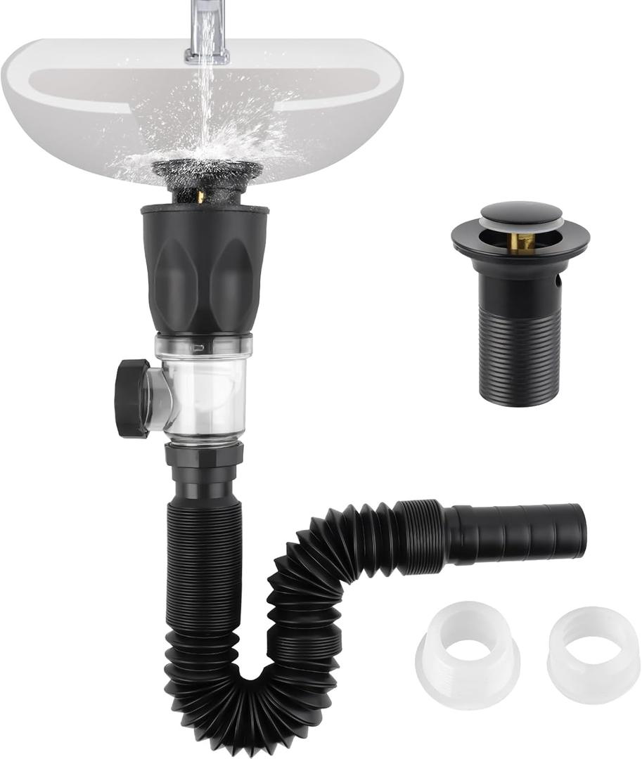 iFealClear Bathroom Sink Drain Kit, Flexible P-Trap Drain Pipe with Pop Up Stopper, Expandable Bathroom Sink Pipe Replacement with 2 Adapters, Fits 1-1/4'', 1-1/2'', 2" Holes, Hair Catcher, Black