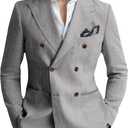 Mens Suits Linen 2 Piece Suit for Men Peak Lapel Slim Fit Suits Set Double Breasted Tuxedos for Wedding Prom, Light Grey (L)