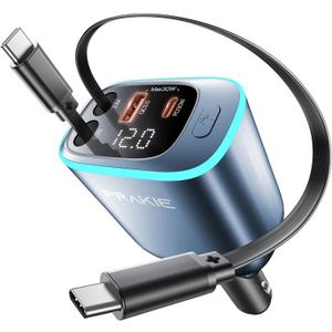 Car Charger, iPhone USB C Cable Retractable Fast USB C Phone Charger, Cigarette Lighter Adapter with 2 USBC Cables 25 Inch and 2 USB Ports, Multi Port Car Charging for iPhone 17/16/15/Pro Max-Blue