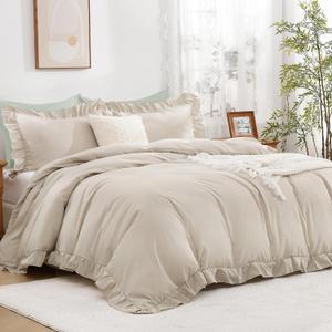 Andency Beige Ruffle Duvet Cover Queen(90x90Inch), 3 Pieces Ruffled Farmhouse Shabby Chic Duvet Cover for Girls Kids Women, Soft Microfiber Duvet Cover Set with Zipper Closure & Corner Ties