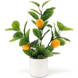14.2 Inch Artificial Lemon Fruit Plants Potted Indoor Decoration Fake Lemon Tree Realistic Faux branche with White Pot for Kitchen Home Farmhouse Tabletop Shelf
