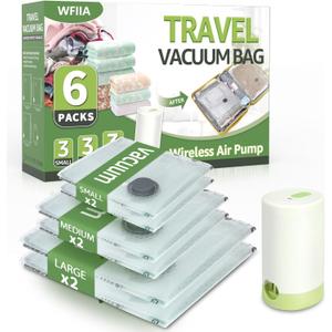 6 Packs Vacuum Bags for Travel with Rechargeable air Pump, 3 Sizes Vacuum Seal Bags for Clothing, Space-Saving Compression Storage Bags for Travel & Closet Organization