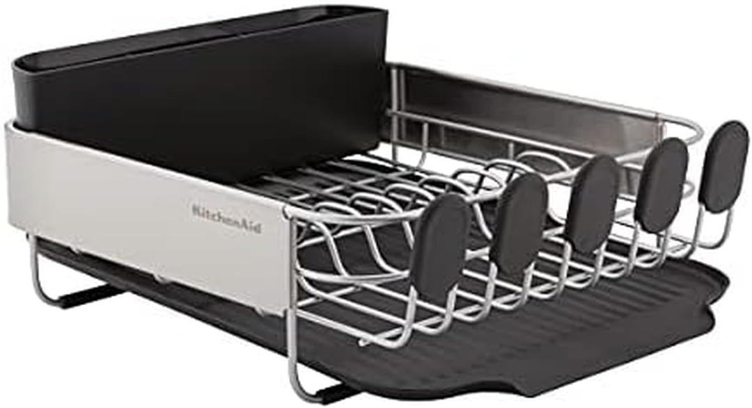 KitchenAid Compact, Space Saving Rust Resistant Dish Rack with Removable Flatware Caddy and Angled Self Draining Drainboard, 16.06-Inch, Black