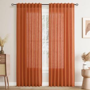 Joywell Burnt Orange Back Tab Rod Pocket Linen Curtains 84 Inches Long 2 Panels for Living Room Bedroom Neutral Boho Farmhouse Rustic Light Filtering Semi Sheer Curtains Window Treatment 40x84