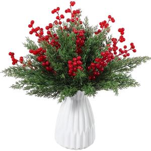 Ceenna 60 Pcs Artificial Christmas Flowers Christmas Artificial Pine Branches Fake Pine Picks Leaves Greenery Stems Berry Stems Set for DIY Craft(Pine,9.85 Inch)