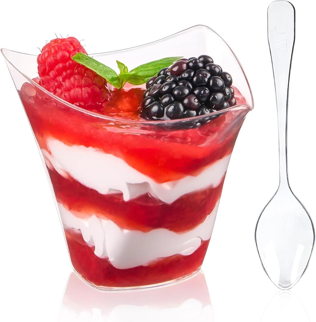 Qeirudu 4 oz Triangular Mini Dessert Cups with Spoons, 50 Pack Plastic Appetizer Cups Reusable Shooter Cups for Pudding Fruit Yogurt Parfait Ice Cream
