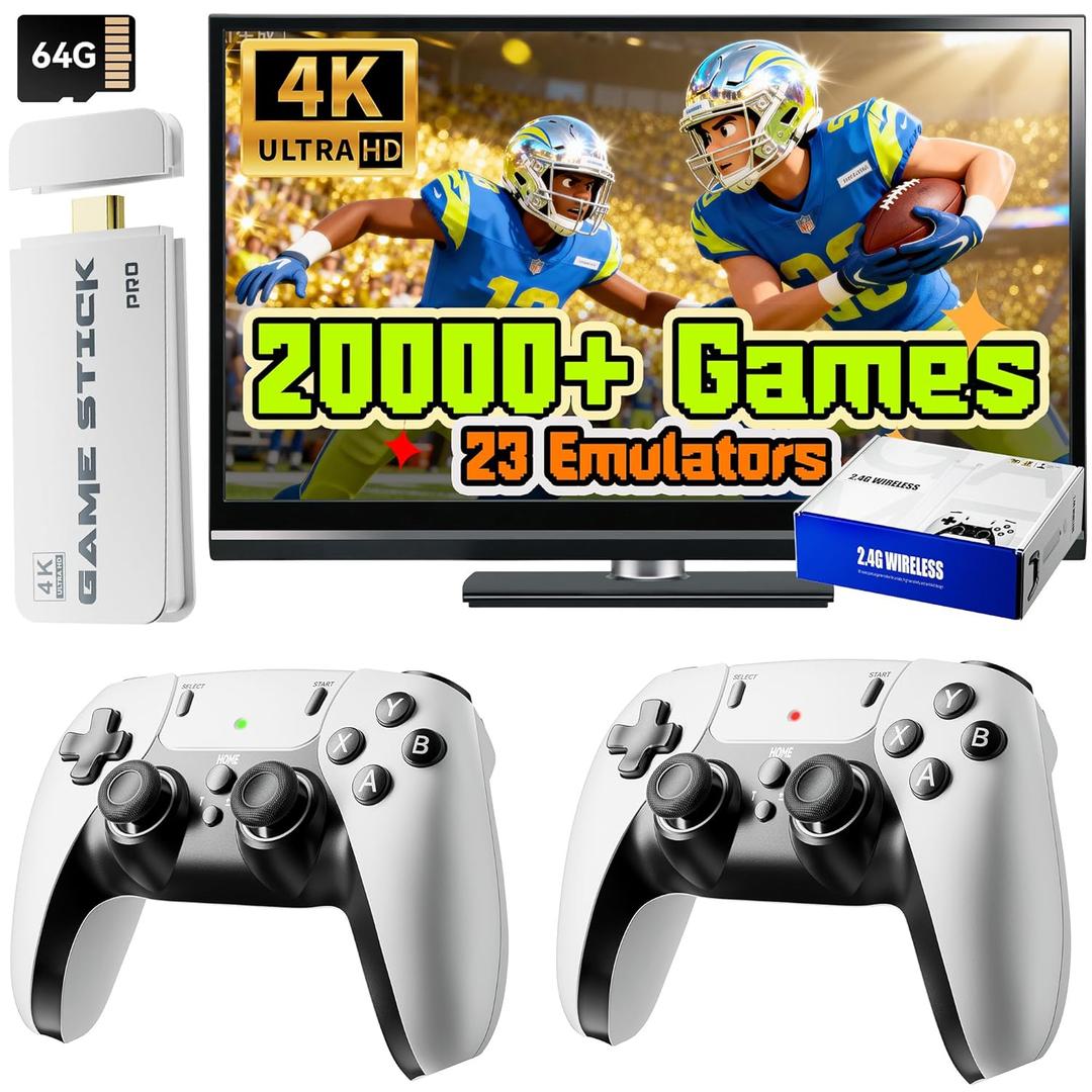 Upgrade Retro Gaming Console Pro, Wireless Retro Game Stick Console with 20000+ Games, Built-in 23 Game Emulators, Video Games Plug and Play with Upgrade Dual 2.4G Wireless Controllers White (64G)