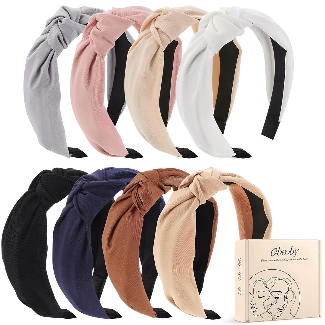 obeoby 8Pcs Headbands for Women, Fashion Knotted Headband Coffee Series Wide Hairband Hair Accessories Valentine Party Hair Accessories for Women Girls (Black, Brown, Navy Blue, Khaki, Gray, Pink, Beige, White)