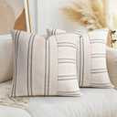 AELS 20x20 Decorative Farmhouse Linen Throw Pillow Covers, Boho Textured Pillow Case, Set of 2, Beige with White & Black Stripe Patchwork Cushion Cover for Sofa Couch Living Room (Cover ONLY)