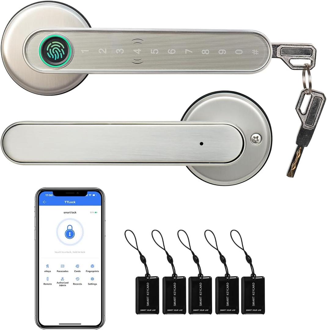 Smart Lock Fingerprint Door Lock TTLock Door Lock Silver Smart Door Lock Keyless Entry Door Lock with App Control, Fingerprint, Code, IC Card and Key Biometric Door Lock Smart Lock for Front Door