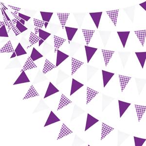 32Ft Purple Party Decorations Purple Buffalo Plaid Checkered White Triangle Flag Gingham Pennant Banner Fabric Garland for Wedding Birthday Picnic BBQ Outdoor Lavender Mermaid Party Decor Supplies