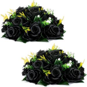 NUPTIO Black Artificial Roses Flowers: Fake Flower Bouquet Halloween Decorations - 15 Heads Artificial Rose Centerpieces with Base for Gothic Wedding Party Table Decor 2 Pcs