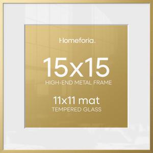 Homeforia 15x15 Picture Frame Gold, High End Metal 15 x 15 Square Poster Frame with Mat 11 x 11 Photo, 15x15 Frame Matted to 11x11 Print, 15by15 Gold Hanging Frames, Tempered Glass, Wall Kit, Set of 1
