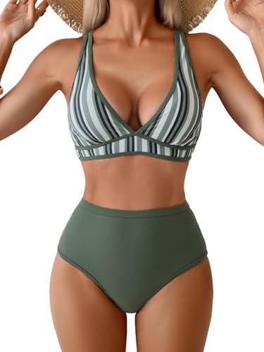 Aidonger Women's High Waisted Bikini Sets Two Piece Color Block Triangle Swimsuits Sexy V Neck Bathing Suits S