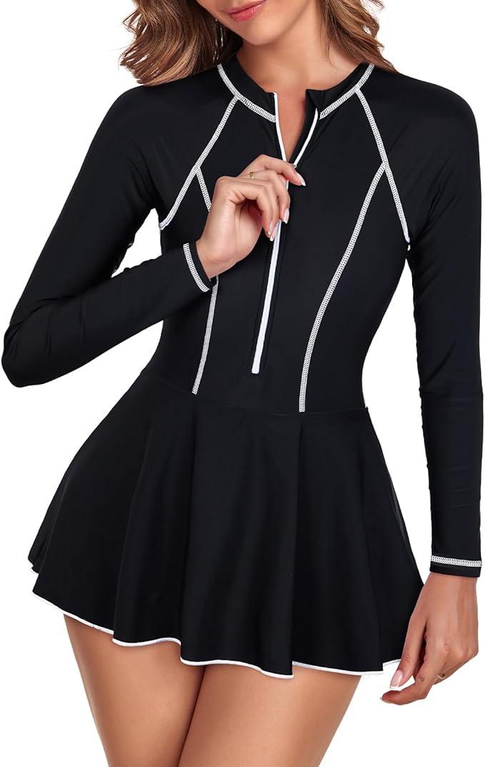 Century Star Long Sleeve Swimsuits Swim Dress Women Teen Girls Rash Guard Modest One Piece Swimwear with Skirt Bathing Suit XS