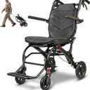 SOFTFISH Transport Wheelchair with Ergonomic Seat and Pull Rod, Foldable Travel Wheelchair for Adults Seniors, Brakes, Flip-Back Armrests, Footrests, Carbon Fiber-Style Aluminum Frame, 220 lb Capacity