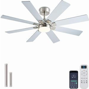 KNUN Nickel 48 Inch Ceiling Fans with Lights and Remote/APP Control, Low Profile Ceiling Fan, 8 BladesLED Dimmable, Reversible DC Motor, Noiseless, Ceiling Fan for Bedroom Indoor/Outdoor Use