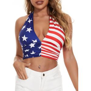 Women Summer Going Out Halter Crop Tank Top (X-Large, Flag)