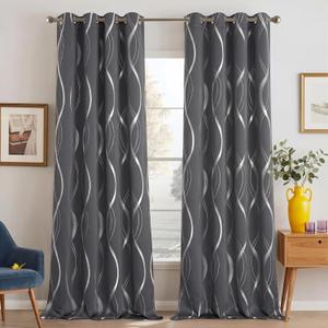 NICETOWN Grey Blackout Striped Pattern Curtains for Living Room 84 inch Long 2 Panels Set, Noise Reducing Thermal Insulated Wave Line Foil Print Bedroom Drapes for Patio Sliding Glass Door (52 x 84)