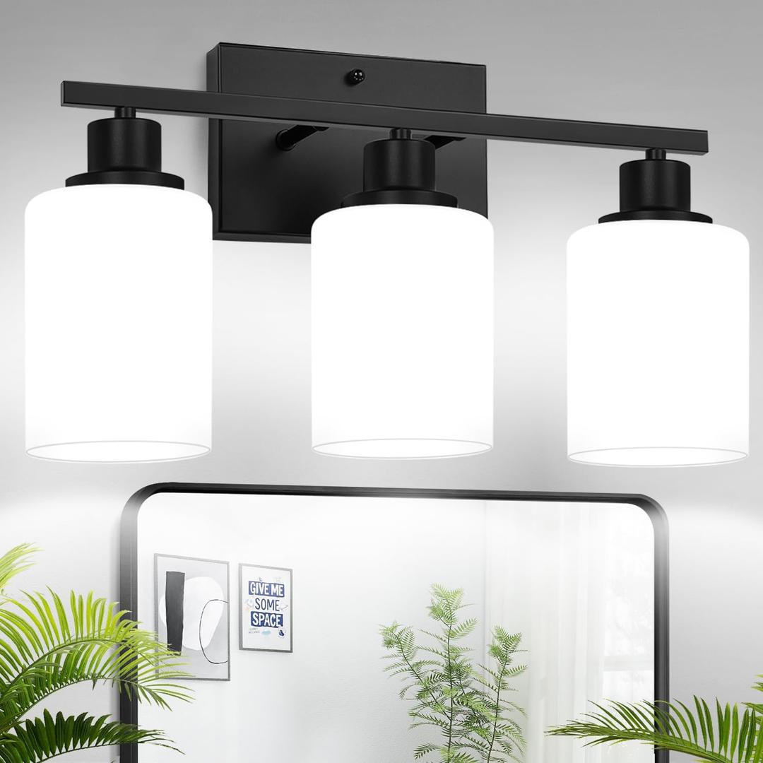 MOKATNG 3-Light Bathroom Light Fixtures, Vanity Light with Milky White Shades, Matte Black Bathroom Light Fixtures Over Mirror, Modern Bathroom Wall Lamp for Mirror Living Room Cabinet Bedroom