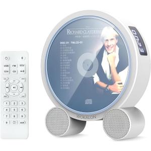 WOKALON Desktop Vertical CD Player Portable with Bluetooth for Home with LCD Screen Display Built in HiFi Speakers Support Timed Music ON/Off FM USB SD (White)